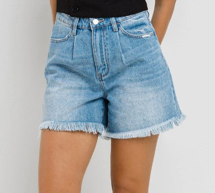 PLEATED DENIM SHORTS