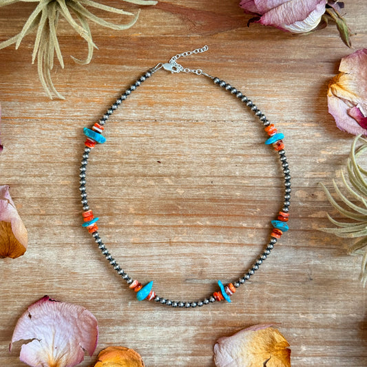 Sterling Silver Pearl Necklace with Orange Spiny Oyster & Sleeping Beauty Turquoise Chips β 14.5β