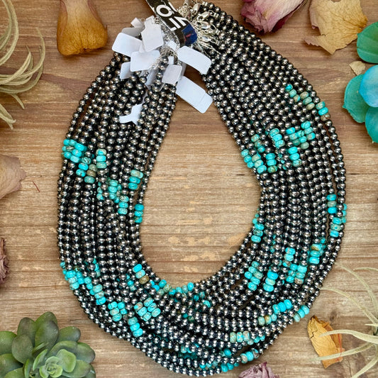 Sterling Silver Pearl Necklace with Turquoise & Variscite Rondelles β 19.5β