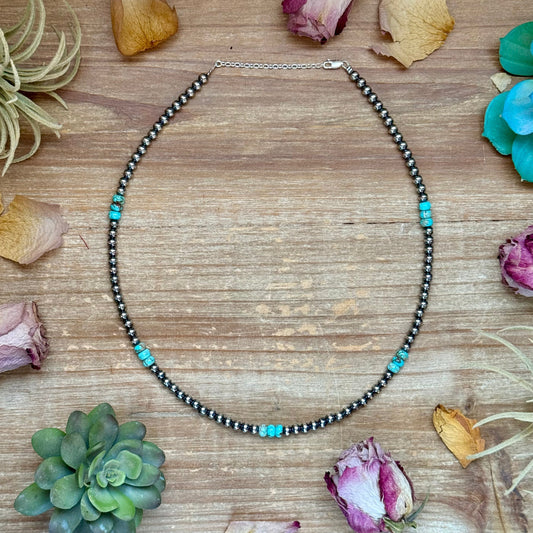 Sterling Silver Pearl Necklace with Turquoise & Variscite Rondelles β 19.5β