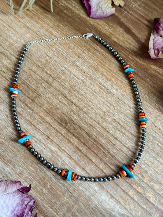 Sterling Silver Pearl Necklace with Orange Spiny Oyster & Sleeping Beauty Turquoise Chips β 14.5β