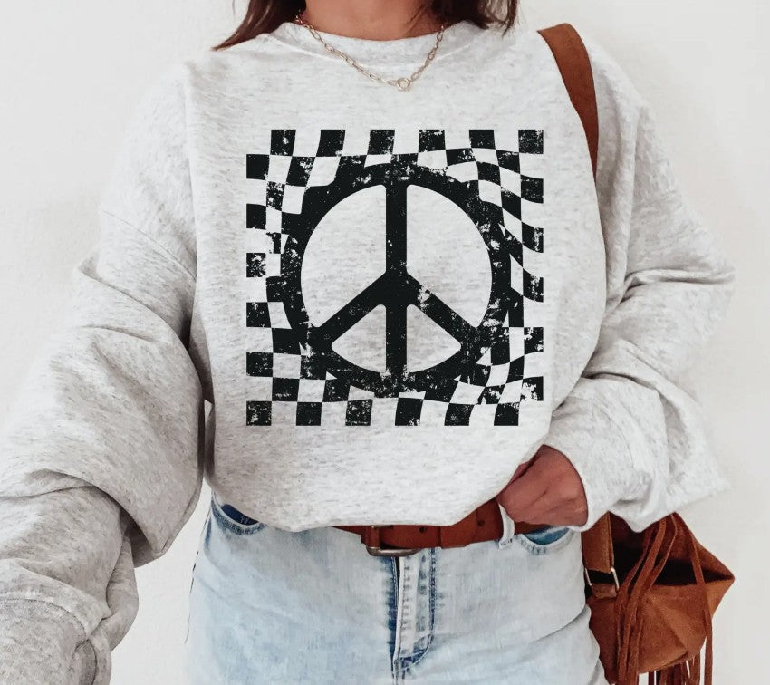 CHECKERED PEACE SIGN SWEATER