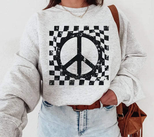 CHECKERED PEACE SIGN SWEATER