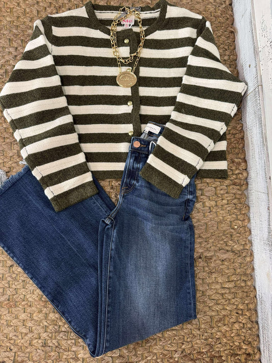 BUTTON DOWN STRIPE SWEATER