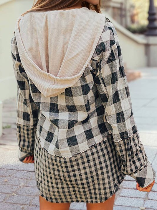 PLAID PATCHWORK HOODED SHACKET