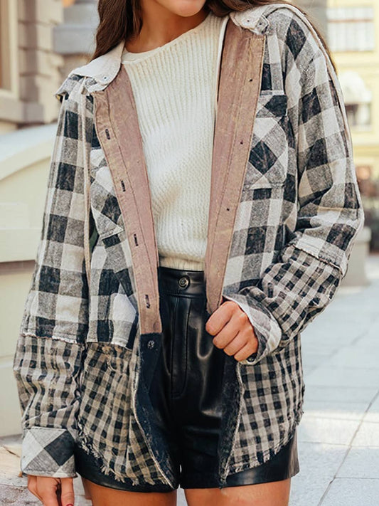 PLAID PATCHWORK HOODED SHACKET